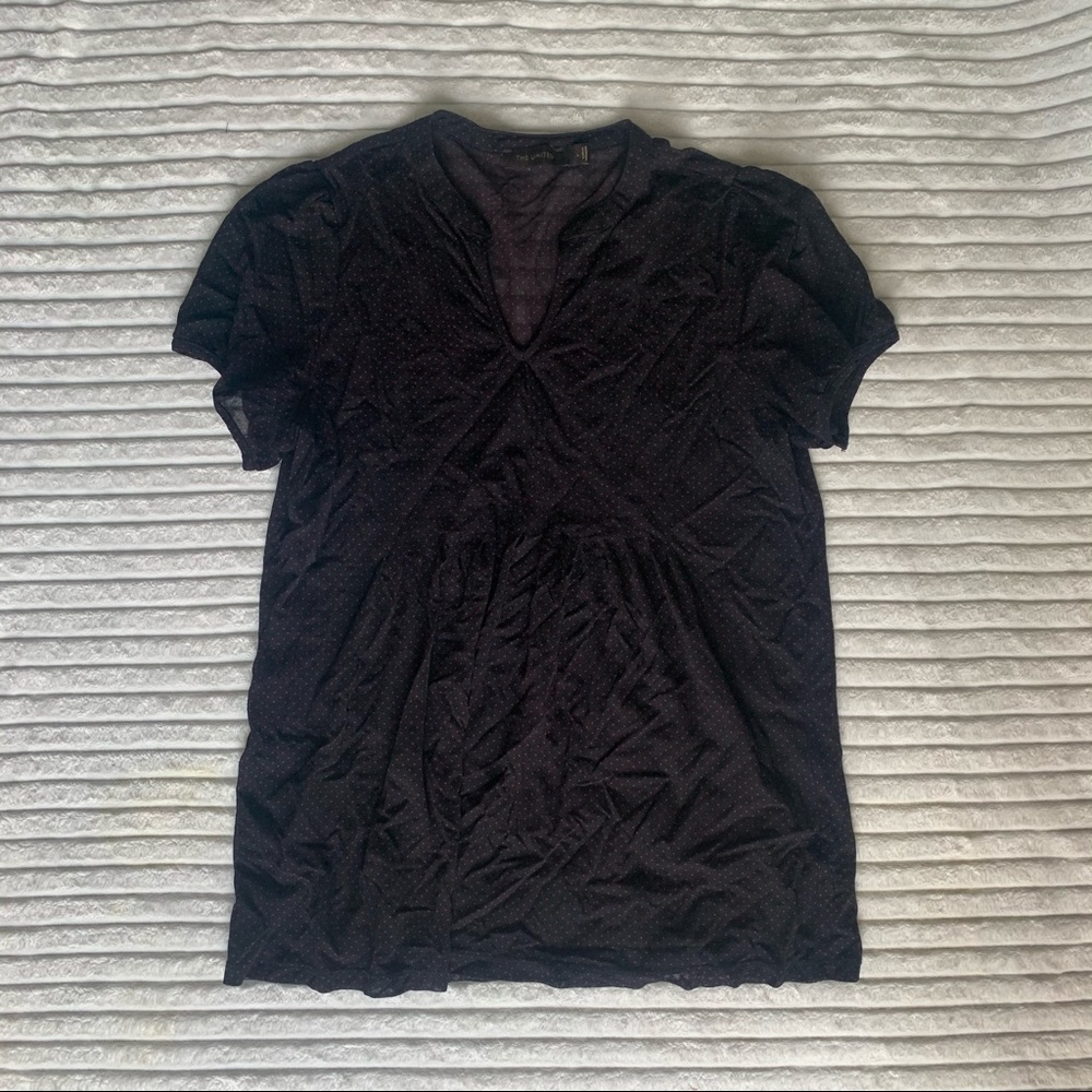 sheer dark purple/black and red polka dot blouse